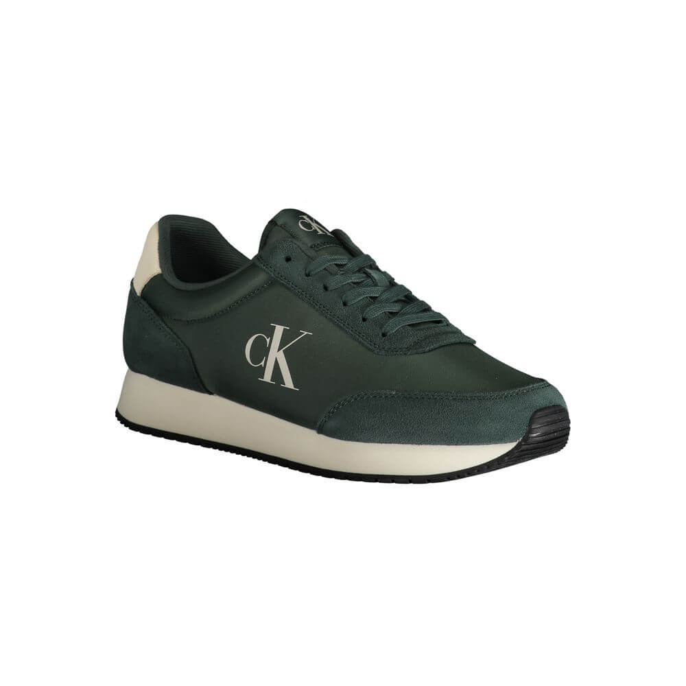 Calvin Klein Green Polyester Sneaker - sports shoe with laces, print, contrasting details, logo on side view.