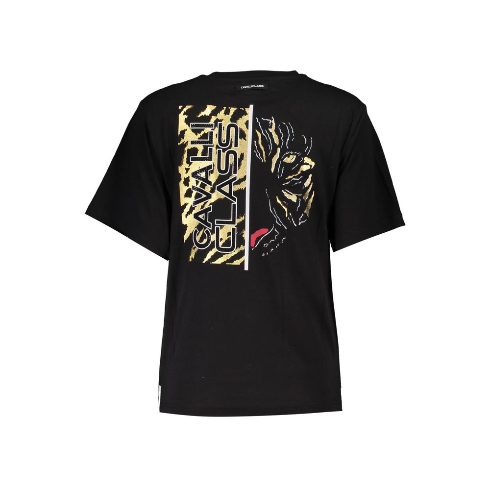 Cavalli Class Black Cotton Women T-Shirt with chic print and logo, epitomizing luxury fashion.