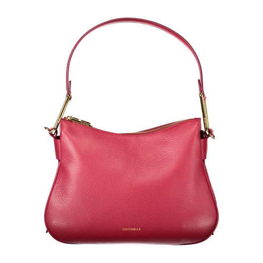 Coccinelle Red Leather Handbag with shoulder handle, internal pocket, document holder, and zip closure displayed on a white background.