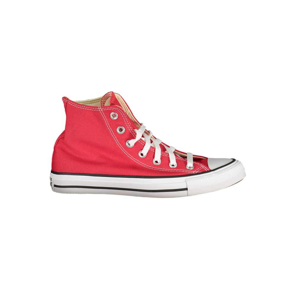 Converse Red Polyester Sneaker, high-top unisex with laces, contrast sole, and logo detail.