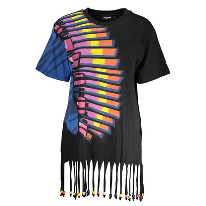 Desigual Black Cotton Women Dress with bold print and tassel detailing