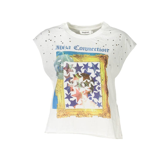 Desigual White Cotton Women Top with bold print and round neck, featuring iconic Desigual logo and contrasting details for fashion-forward style.