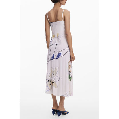 Back view of Desigual White Polyester Women Dress with floral print and adjustable straps in whimsical style.