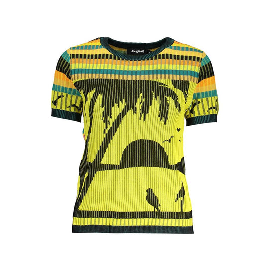 Desigual Yellow Viscose Women Sweater with artistic print and contrasting colors, short-sleeve round-neck top.