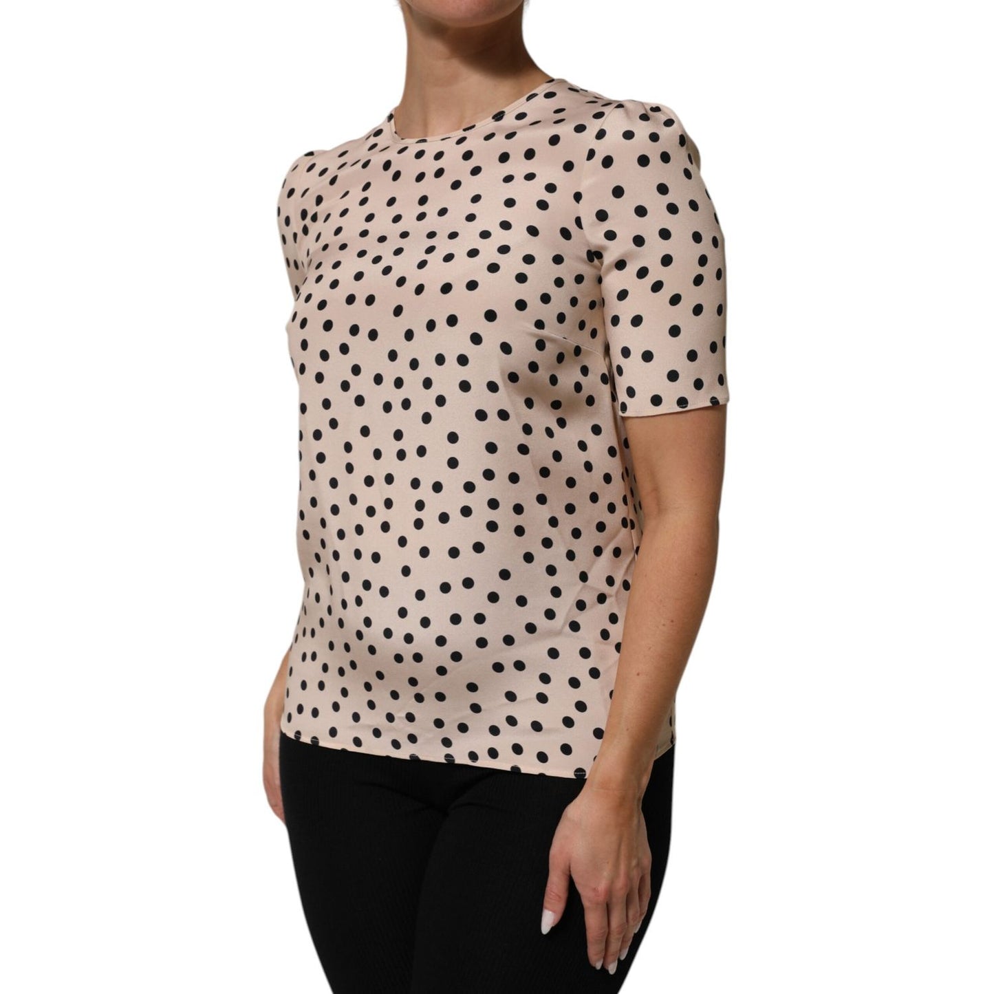 Dolce & Gabbana Beige Black Polka Dot Silk Short Sleeve Blouse Top