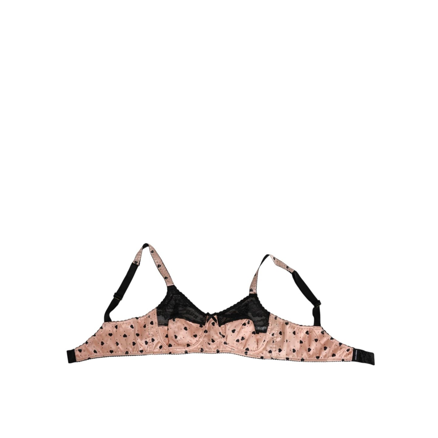 Dolce & Gabbana Beige Silk Heart Print Soft Cup Bra Underwear with black accents and adjustable straps.