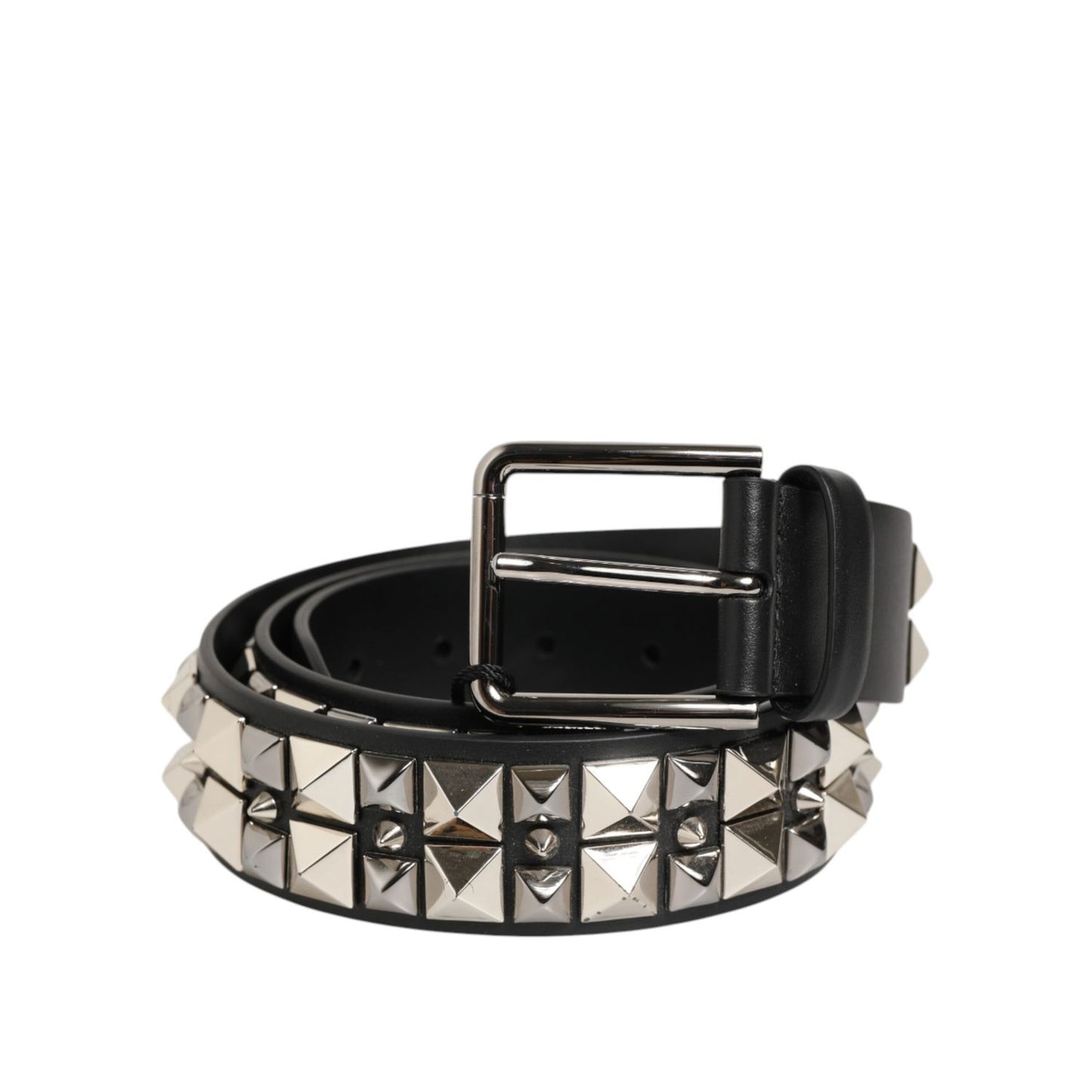 Dolce & Gabbana Black Calf Leather Studded Silver Buckle Belt