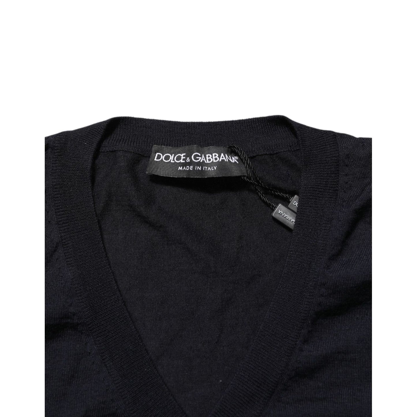 Dolce & Gabbana Black Cashmere Knit V-Neck Pullover Sweater with ribbed trims and classic design, showcasing label and neckline.