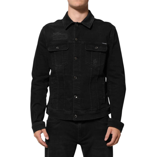 Dolce & Gabbana Black Cotton Denim Stretch Button Up Jacket with chest flap pockets and logo details, crafted in Italy.