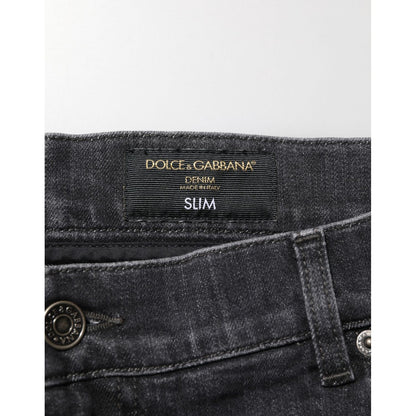 Dolce & Gabbana Black Cotton Slim Fit Distressed Ripped Logo Jeans