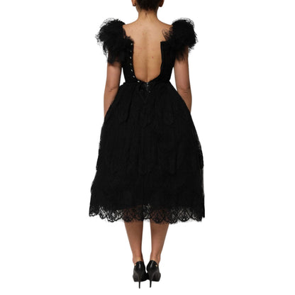 Dolce & Gabbana Black Crystal Embellished Midi A-line Dress