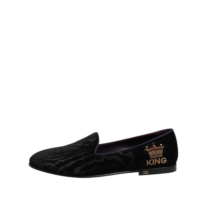 Dolce & Gabbana Black DG Crown Embroidery Loafers Slip On Shoes