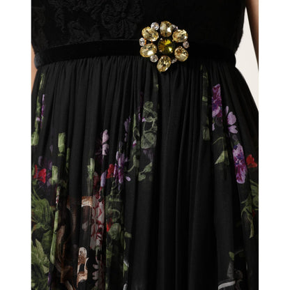 Dolce & Gabbana Black Floral Key Print Crystal Strapless Dress