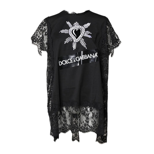 Dolce & Gabbana Black Lace Sheer Sacred Heart Crew Neck Top