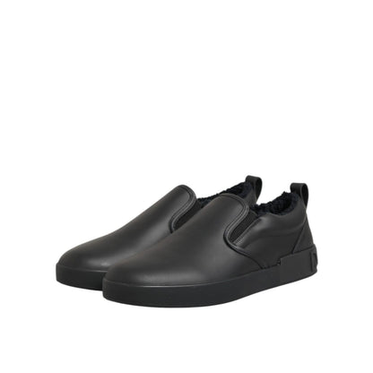 Dolce & Gabbana Black Leather Low Top Slip On Sneakers Shoes
