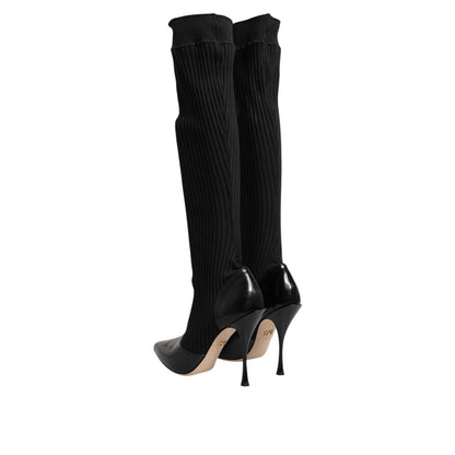 Dolce & Gabbana Black Leather Ribbed Knit Knee Boots Shoes