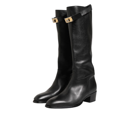 Dolce & Gabbana Black Logo Plaque Over The Calf Boots Shoes
