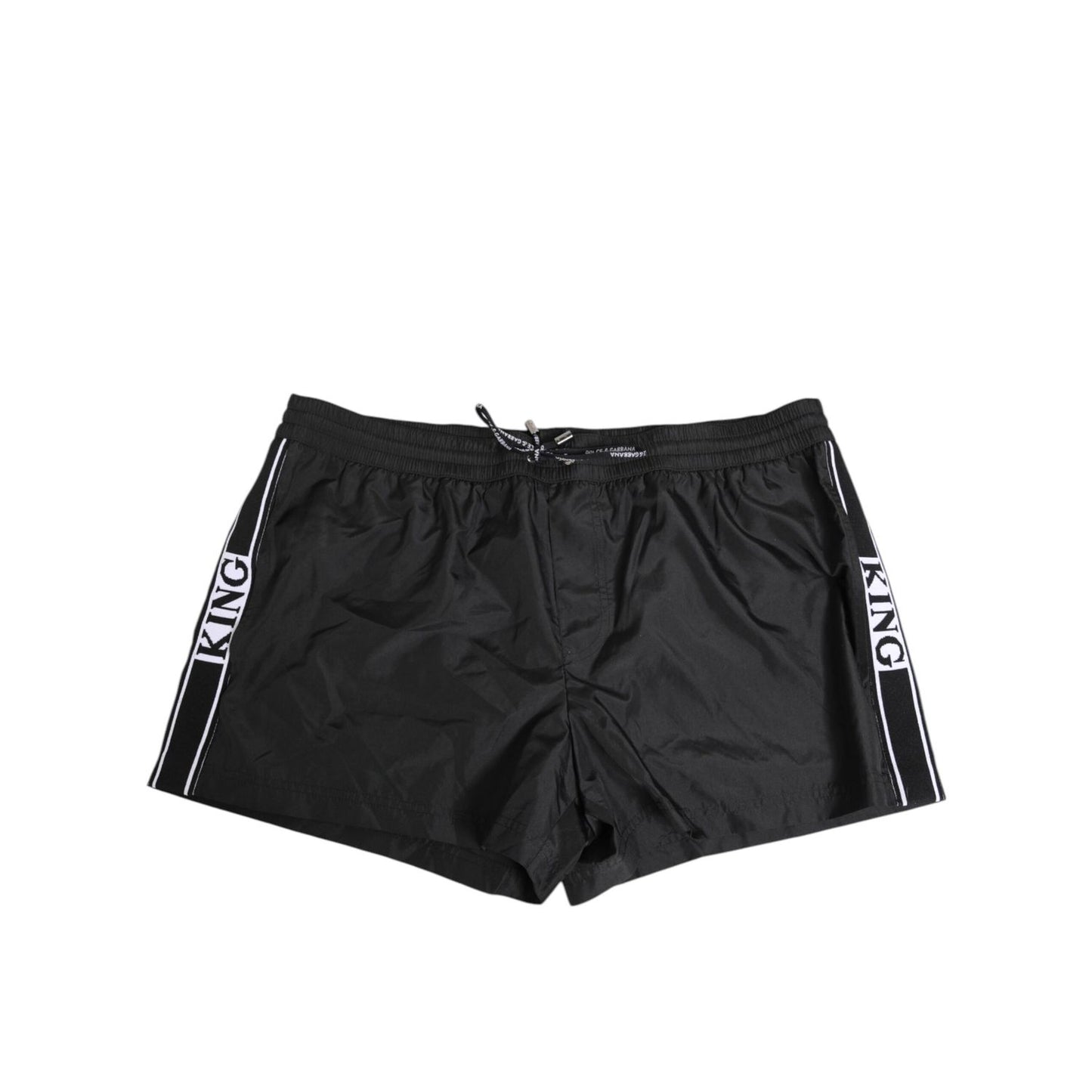 Dolce & Gabbana Black Nylon KING Sideband Men Boxer Shorts Swimwear with logo sidebands and drawstring waist.
