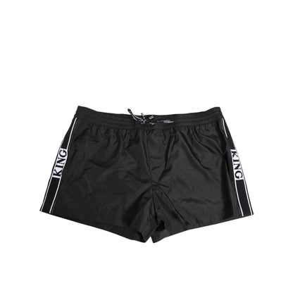 Dolce & Gabbana Black Nylon KING Sideband Men Boxer Shorts Swimwear with logo sidebands and drawstring waist.