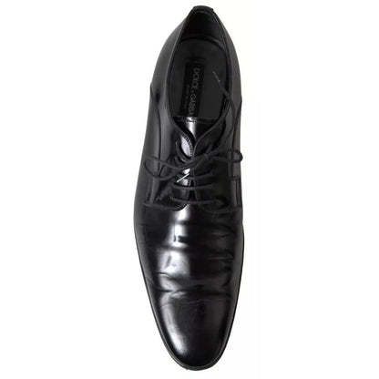 Dolce & Gabbana Black Polished Leather Formal Dress Shoes with logo details, made in Italy, slightly preowned with minor wear.