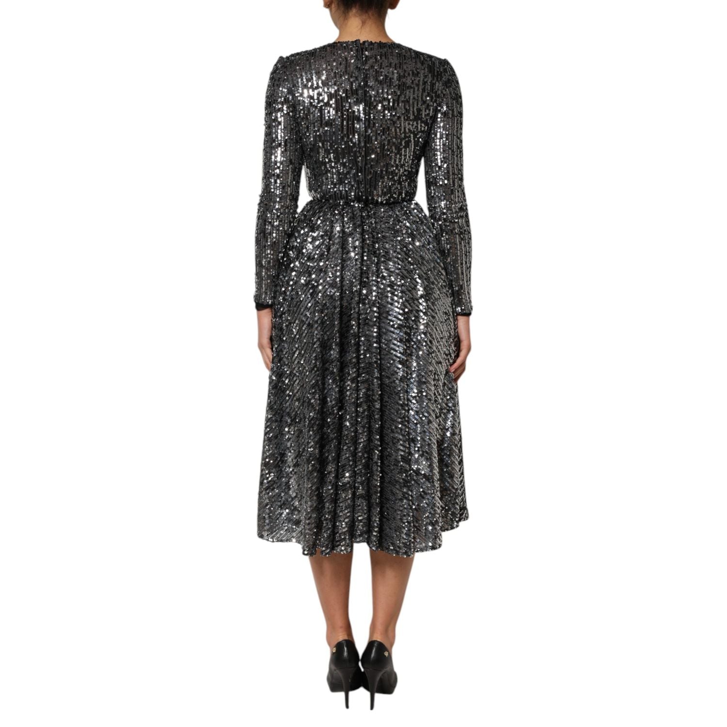 Dolce & Gabbana Black Sequined Long Sleeves Midi A-line  Dress