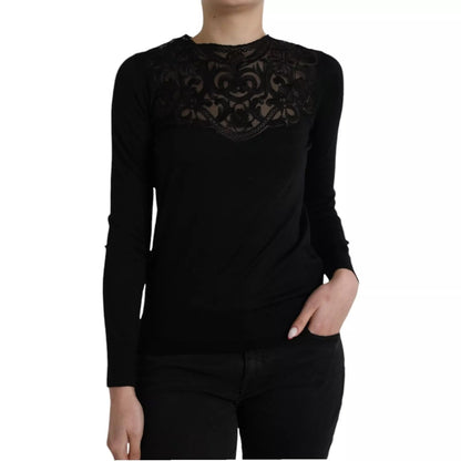Dolce & Gabbana Black Silk Lace Trim Long Sleeves Blouse Top