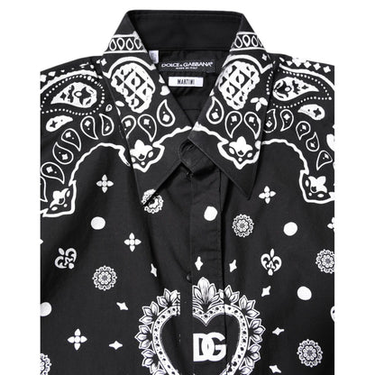 Dolce & Gabbana Black White Bandana MARTINI Casual Shirt in slim fit with full front button closure and logo details.