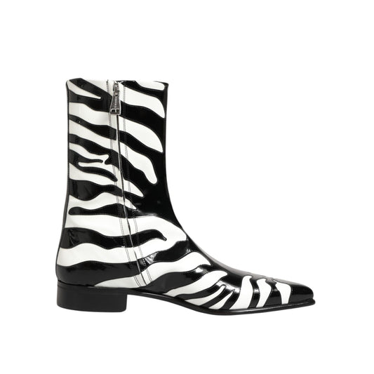 Dolce & Gabbana Black White Zebra Leather Mid Calf Boots Shoes