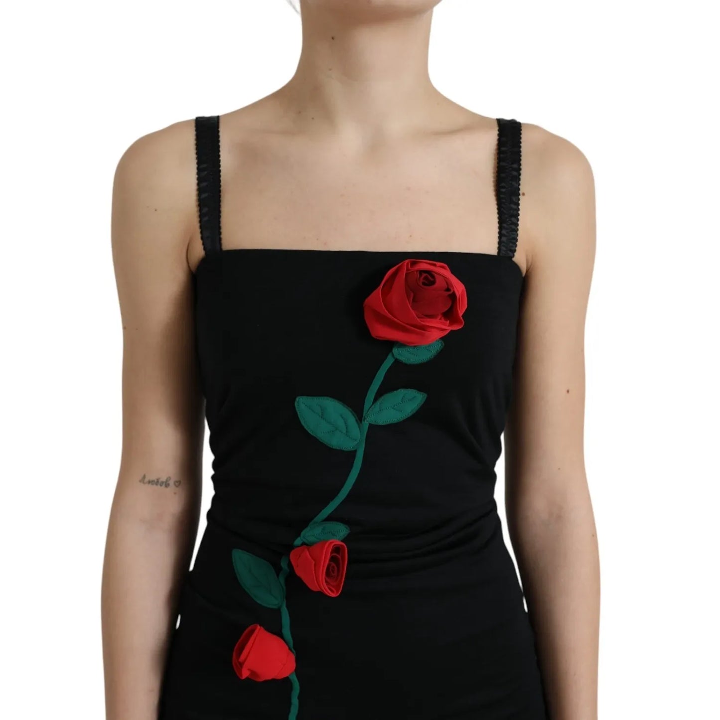 Dolce & Gabbana Black Wool Sleeveless Rose Applique Dress with 3D red rose embroidery detail on front.