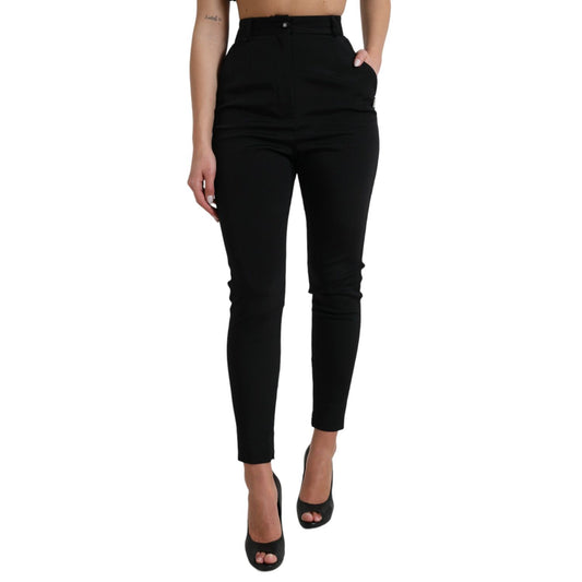 Dolce & Gabbana Black Wool Stretch High Waist Skinny Pants, high-end fashion made in Italy, featuring zipper closure and logo details.
