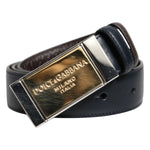 Dolce & Gabbana Blue Brown Leather Buckle Reversible Belt with gold and silver metal buckle, made in Italy.