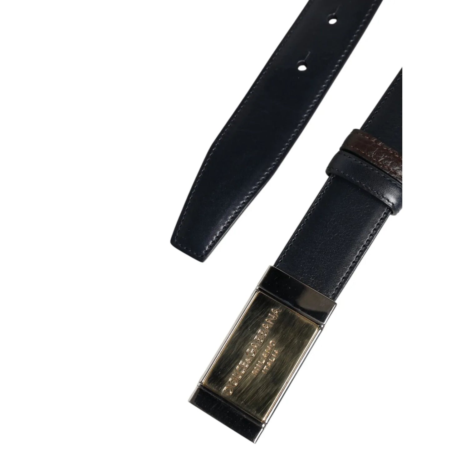 Dolce & Gabbana Blue Brown Leather Buckle Reversible Belt with gold and silver metal buckle, luxury Italian designer accessory