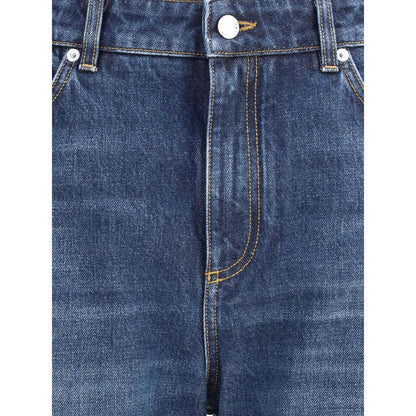 Dolce & Gabbana Blue Cotton Boyfriend Jeans with high waist, zipper, button closure, and logo plaque for casual urban style.