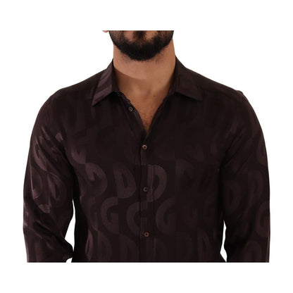 Dolce & Gabbana Bordeaux Silk Dress Shirt with logo print, classic neck, long sleeves, button-down closure, made in Italy 100% silk.