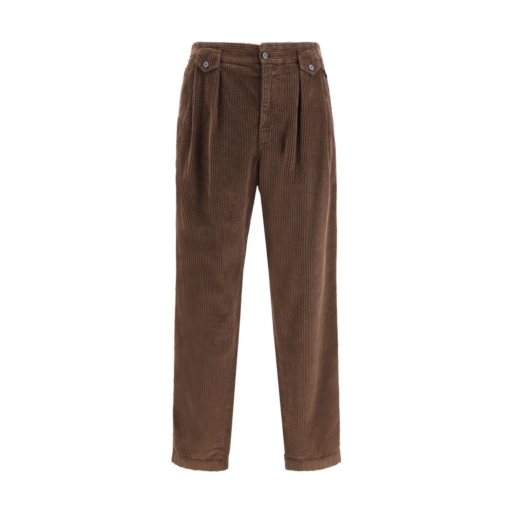 Dolce & Gabbana Brown Cotton Casual Pants with baggy corduroy design, featuring zipper closure, side and back pockets, AW25 season.