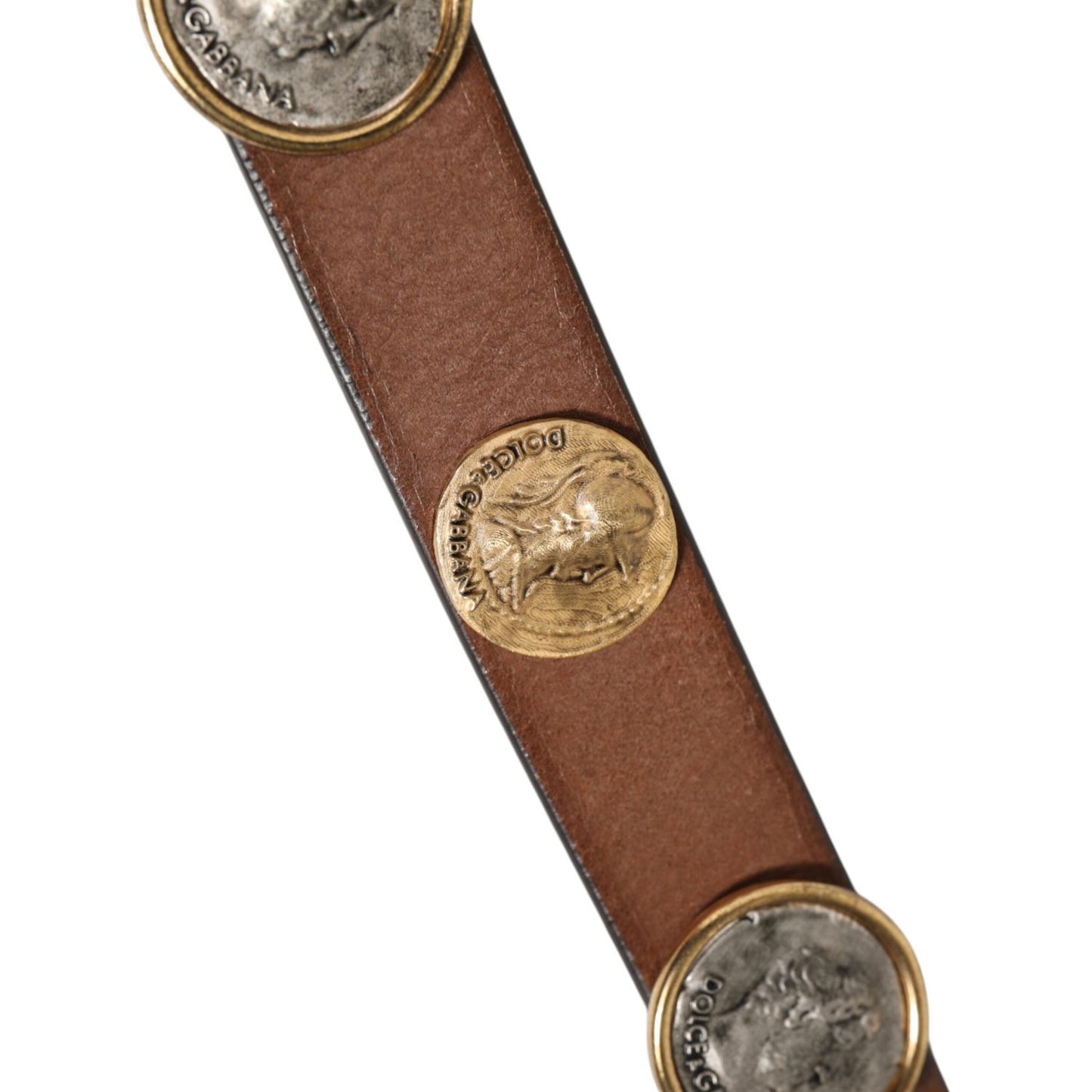 Dolce & Gabbana Brown Leather Gold Silver Coin Buckle Belt