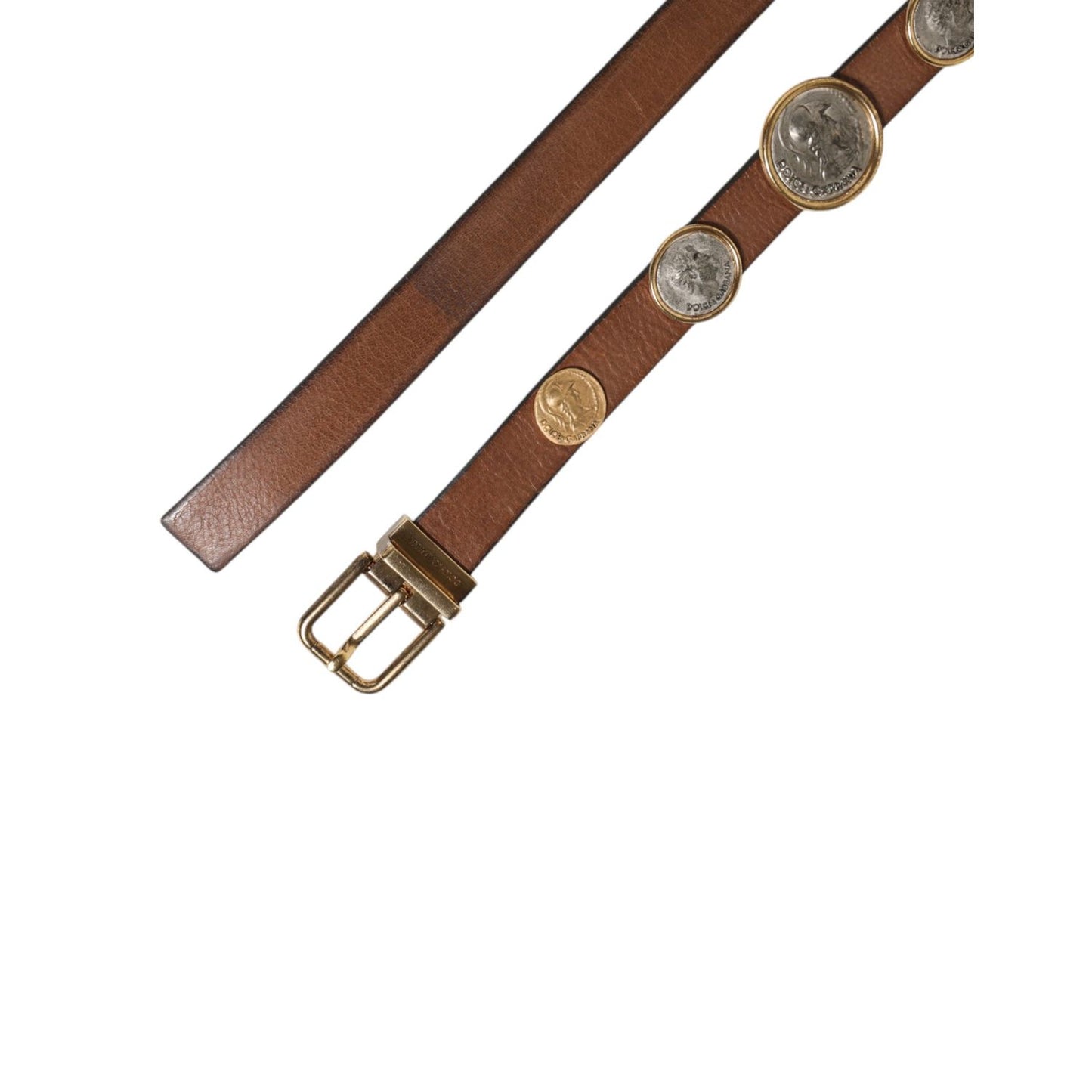 Dolce & Gabbana Brown Leather Gold Silver Coin Buckle Belt