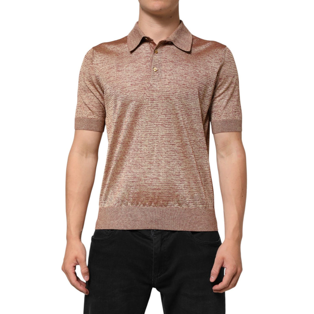 Dolce & Gabbana Brown Silk Textured Short Sleeve Polo T-shirt with tonal texture, worn by model, showcasing Italian craftsmanship.