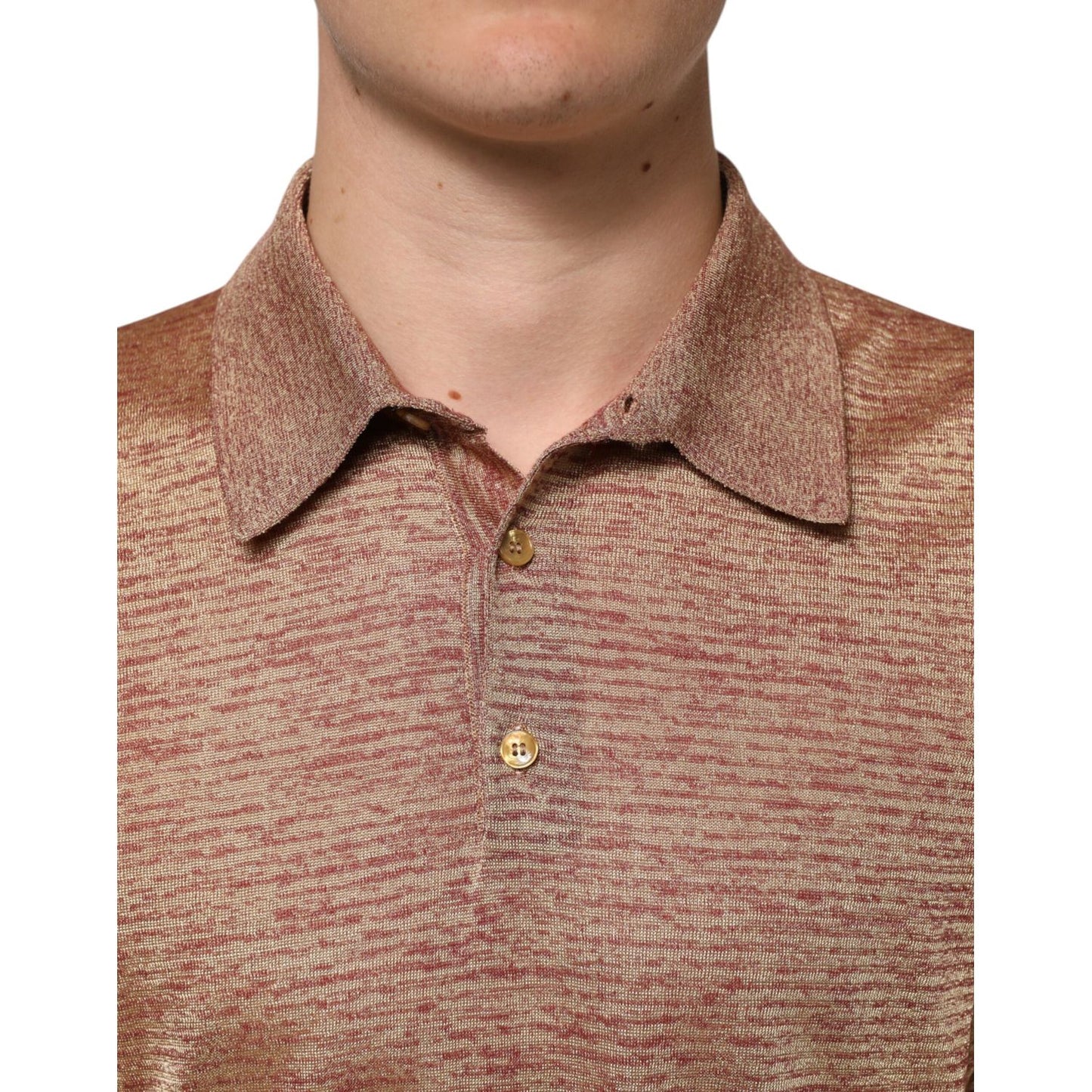 Dolce & Gabbana Brown Silk Textured Short Sleeve Polo T-shirt with subtle tonal texture and soft sheen, crafted in Italy.