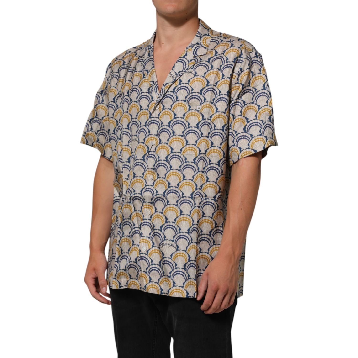Dolce & Gabbana Cream Cotton Silk Hawaii Scallop Shell Print Shirt