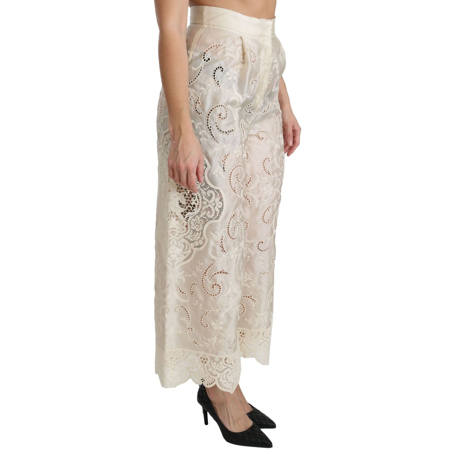 Dolce & Gabbana Cream Lace High Waist Palazzo Cropped Pants