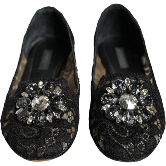 Dolce & Gabbana Black Lace Crystal Ballet Flats Loafer Shoes LA11728-37