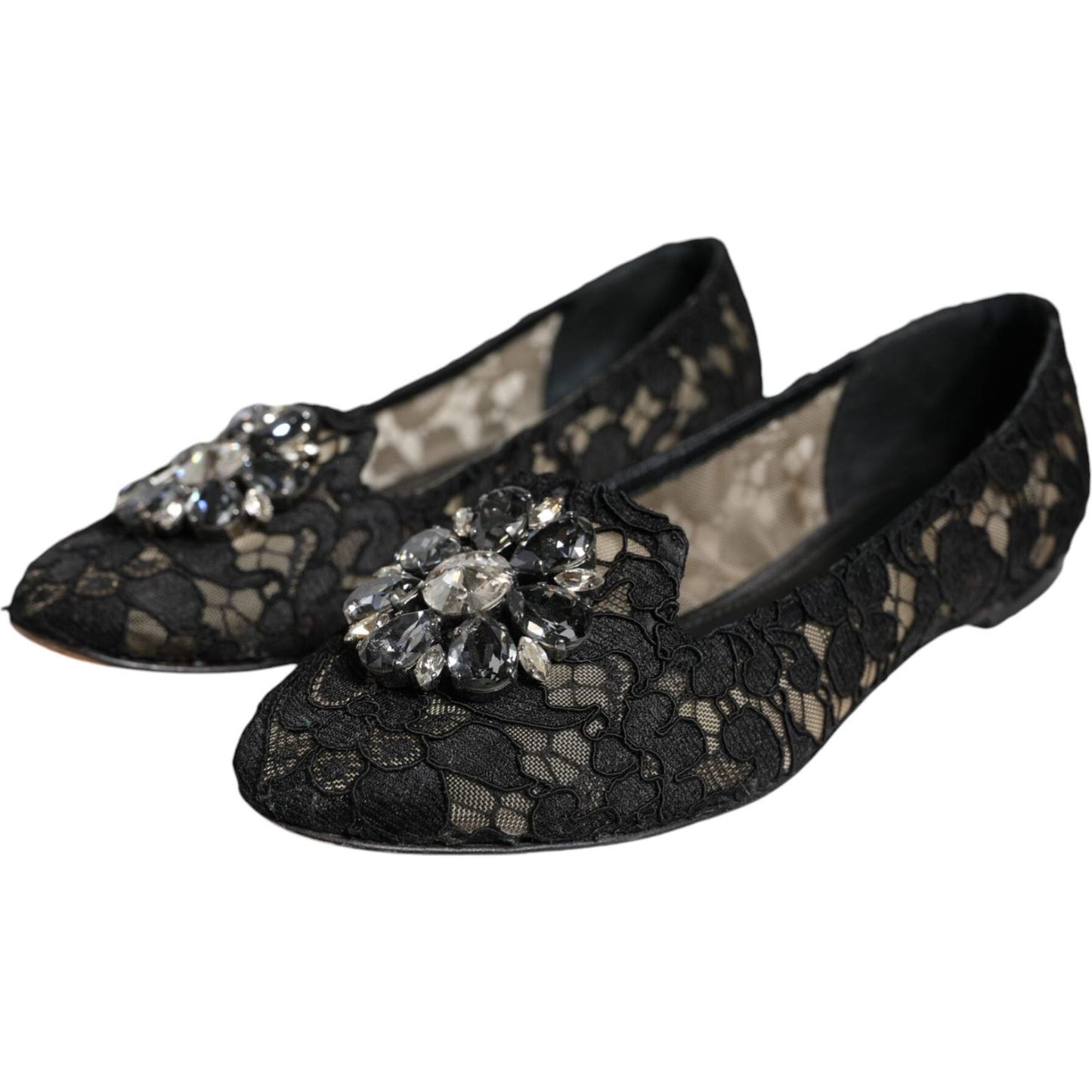 Dolce & Gabbana Black Lace Crystal Ballet Flats Loafer Shoes LA11728-37