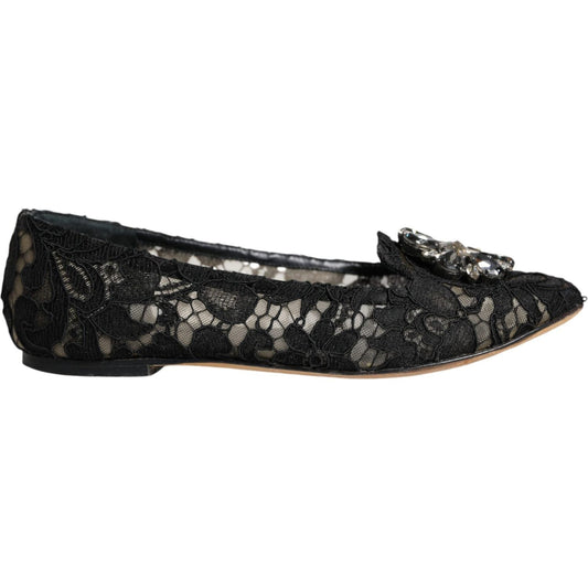 Dolce & Gabbana Black Lace Crystal Ballet Flats Loafer Shoes LA11728-37