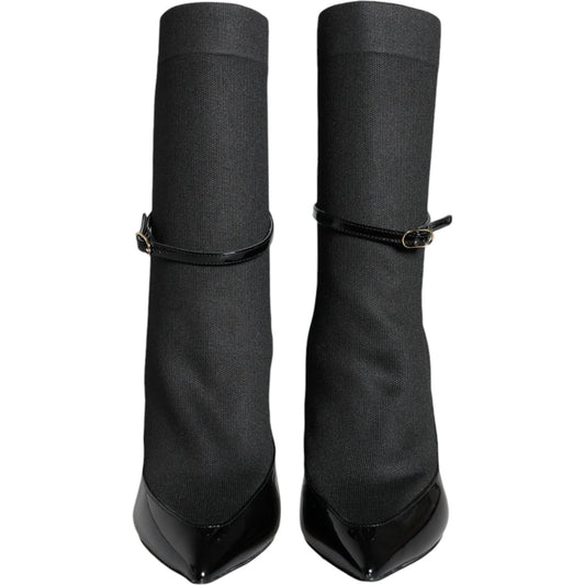 Dolce & Gabbana Black Leather Stilettos Booties Socks Shoes LA11379-39