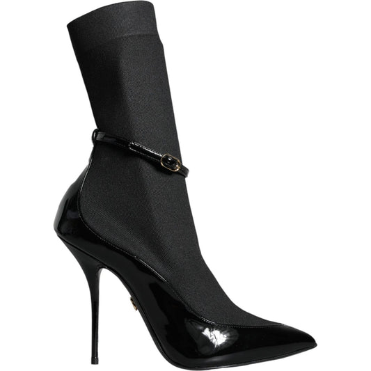 Dolce & Gabbana Black Leather Stilettos Booties Socks Shoes LA11379-39
