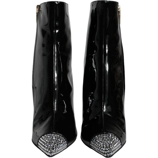 Dolce & Gabbana Black Patent Leather Crystal Heel Boots Shoes LA11273-39