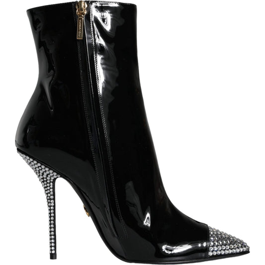 Dolce & Gabbana Black Patent Leather Crystal Heel Boots Shoes LA11273-39