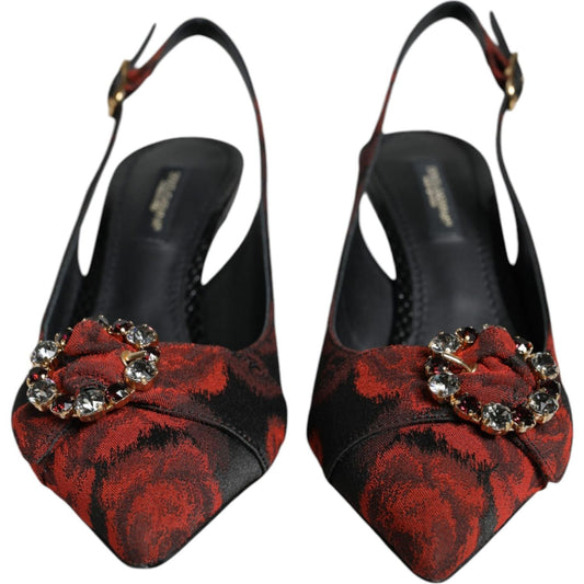 Dolce & Gabbana Black Red Floral Crystal Heel Slingback Shoes LA9018-36