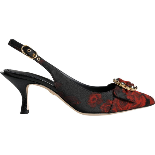 Dolce & Gabbana Black Red Floral Crystal Heel Slingback Shoes LA9018-36
